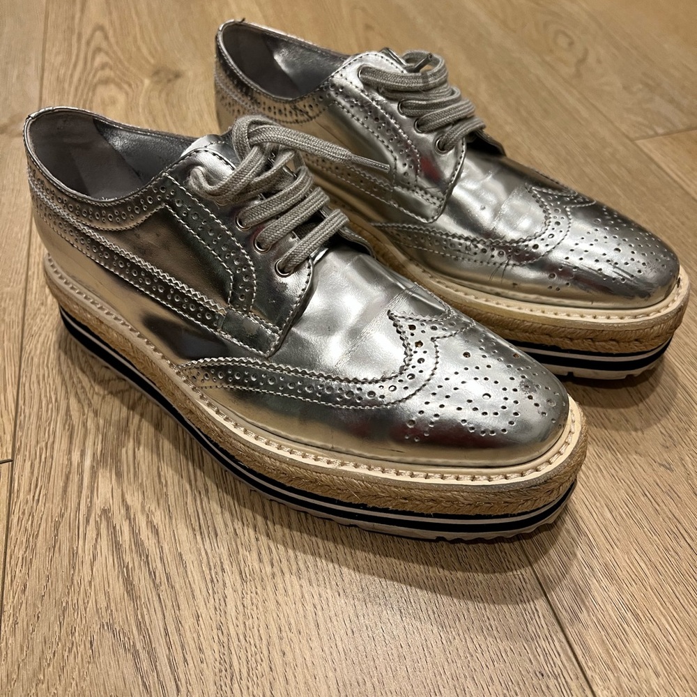 Prada SS 2011 Women’s Silver Brogue Derby Espadrille Creeper Platform